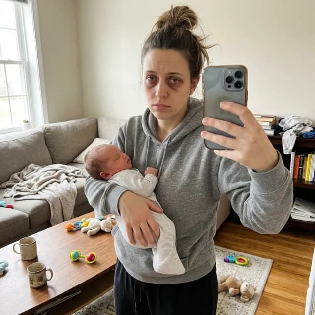 Mamá agotada cargando a su bebé