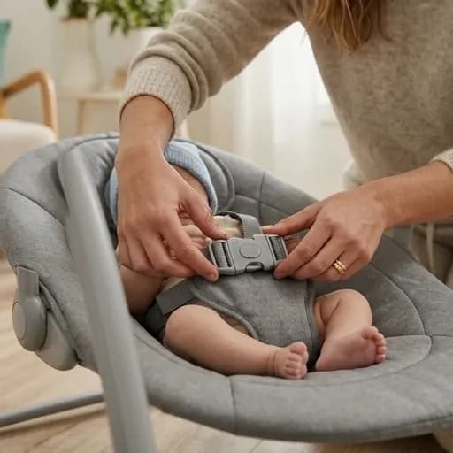 Madre asegurando al bebé con el arnés
